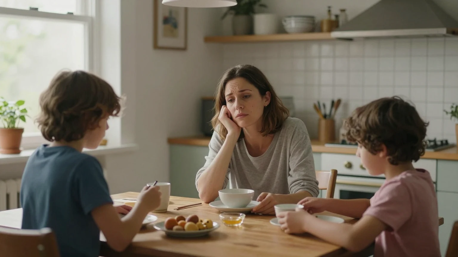 Mère soulagée pendant que ses enfants aident au ménage à la maison