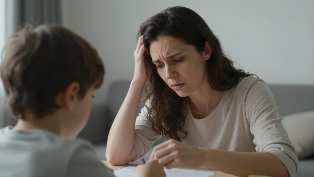 Mère refaisant le ménage derrière son enfant malgré son aide