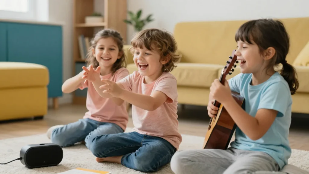 Enfants rangeant la maison en s’amusant avec de la musique