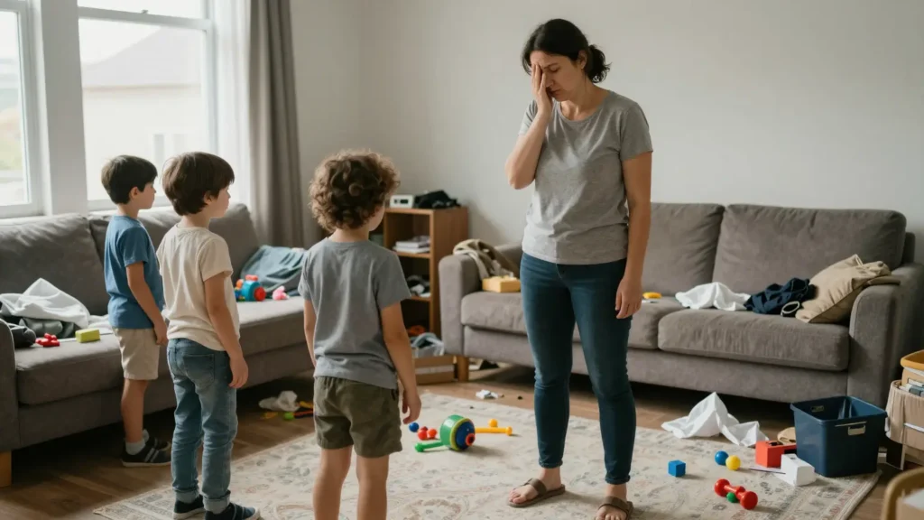 Mère fatiguée face au désordre malgré ses demandes aux enfants