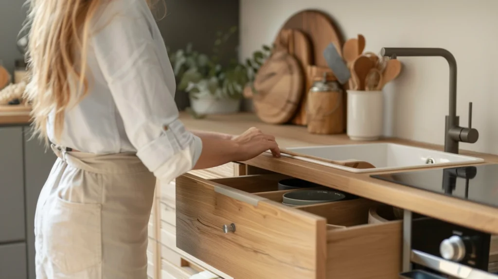 Femme rangeant calmement un tiroir de cuisine