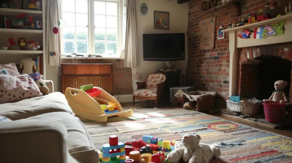 Salon rangé puis à nouveau en désordre avec des jouets