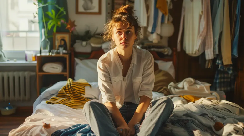 Femme fatiguée entourée de vêtements pendant un tri