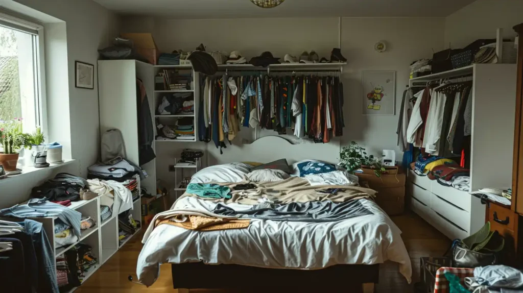 Vêtements étalés sur un lit pour un grand tri de rangement
