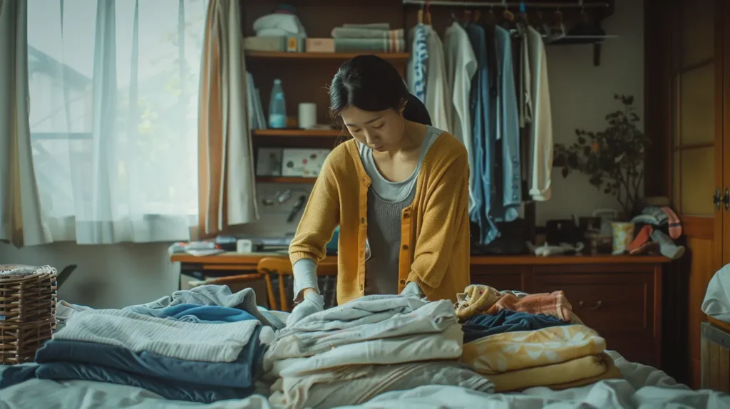 Femme japonaise rangeant des vêtements selon la méthode Marie Kondo